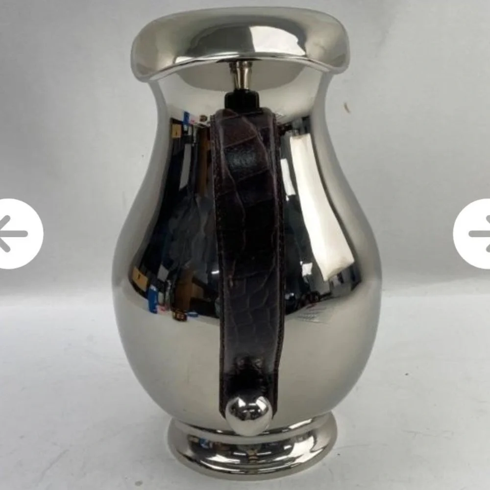 Polished Stainless Steel Pitcher Brown Faux Crocodile Leather Wrapped Handle - Picture 5 of 8